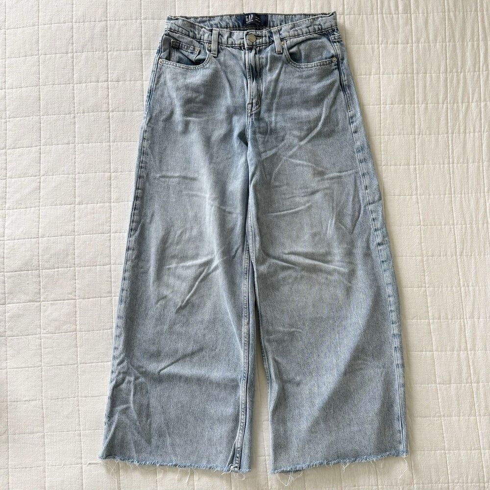 GAP Women’s Baggy Wide-Leg Jeans Light Blue Wash Mid Rise Size 27 Cutoff